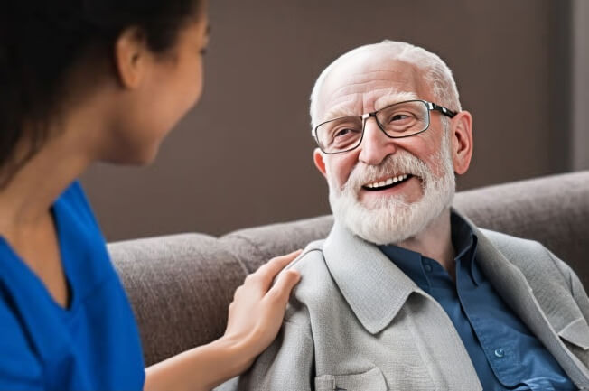 Caregiver speaking with an elderly man sitting on a couch